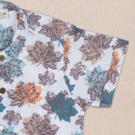 Boys cotton printed shirt with Mandarin collar by Boon Babies, featuring a leaf pattern and Chinese collar design for ages 6-12 months.