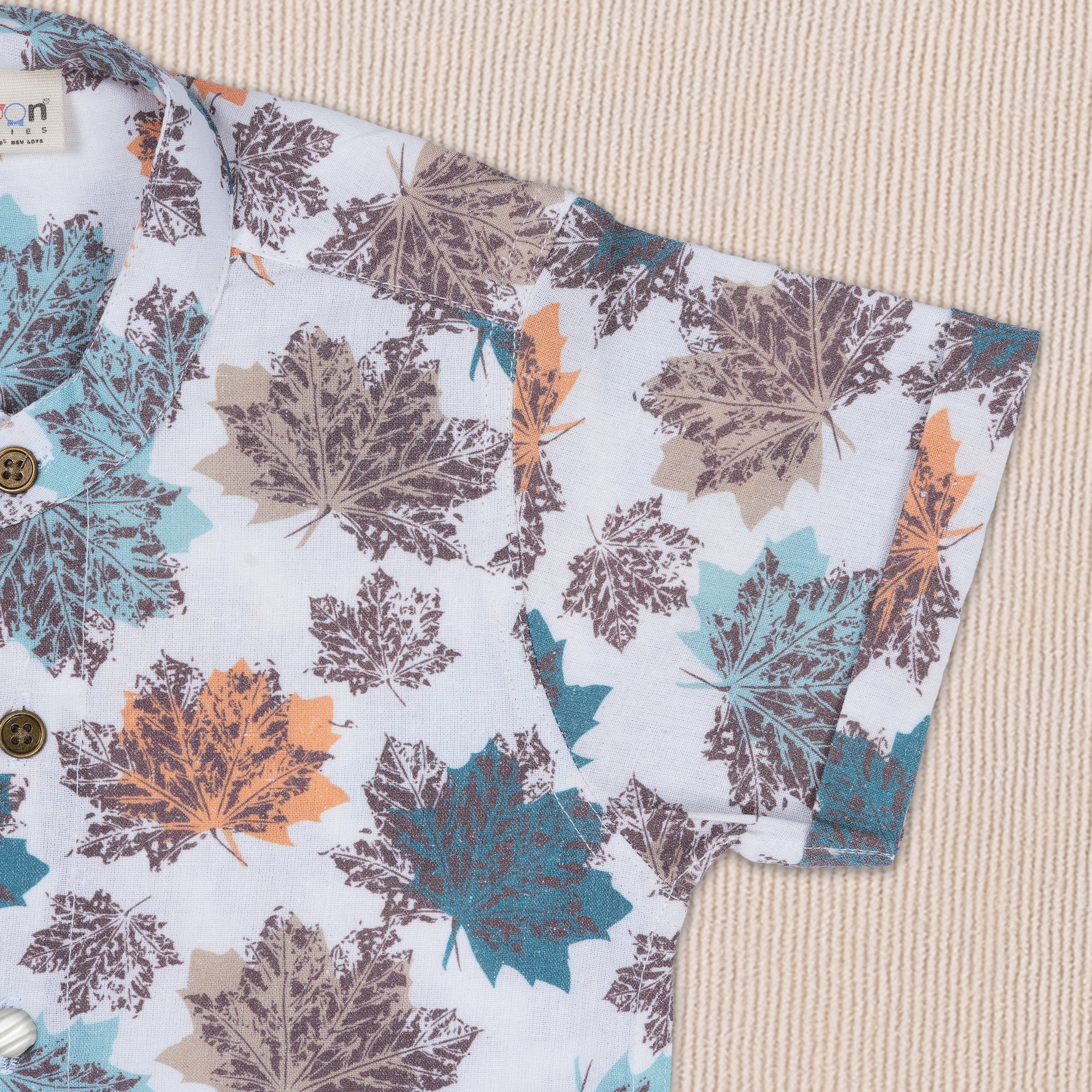 Boys cotton printed shirt with Mandarin collar by Boon Babies, featuring a leaf pattern and Chinese collar design for ages 6-12 months.