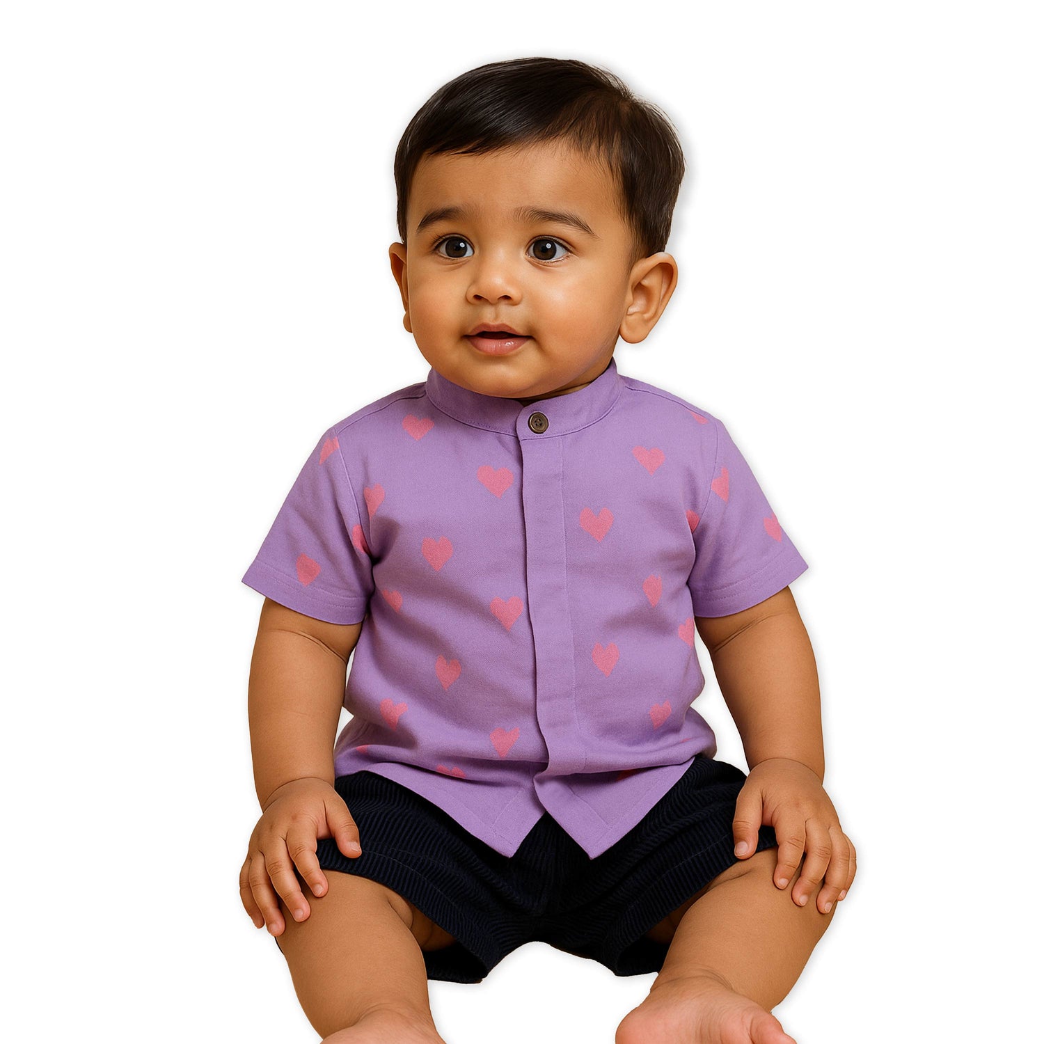 Mandarin Collar Casual Shirt – Purple Heart Print