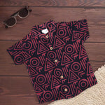 Red tribal printed cotton shirt with Chinese collar for babies by Boon Babies, featuring bright, colorful tribal print design.