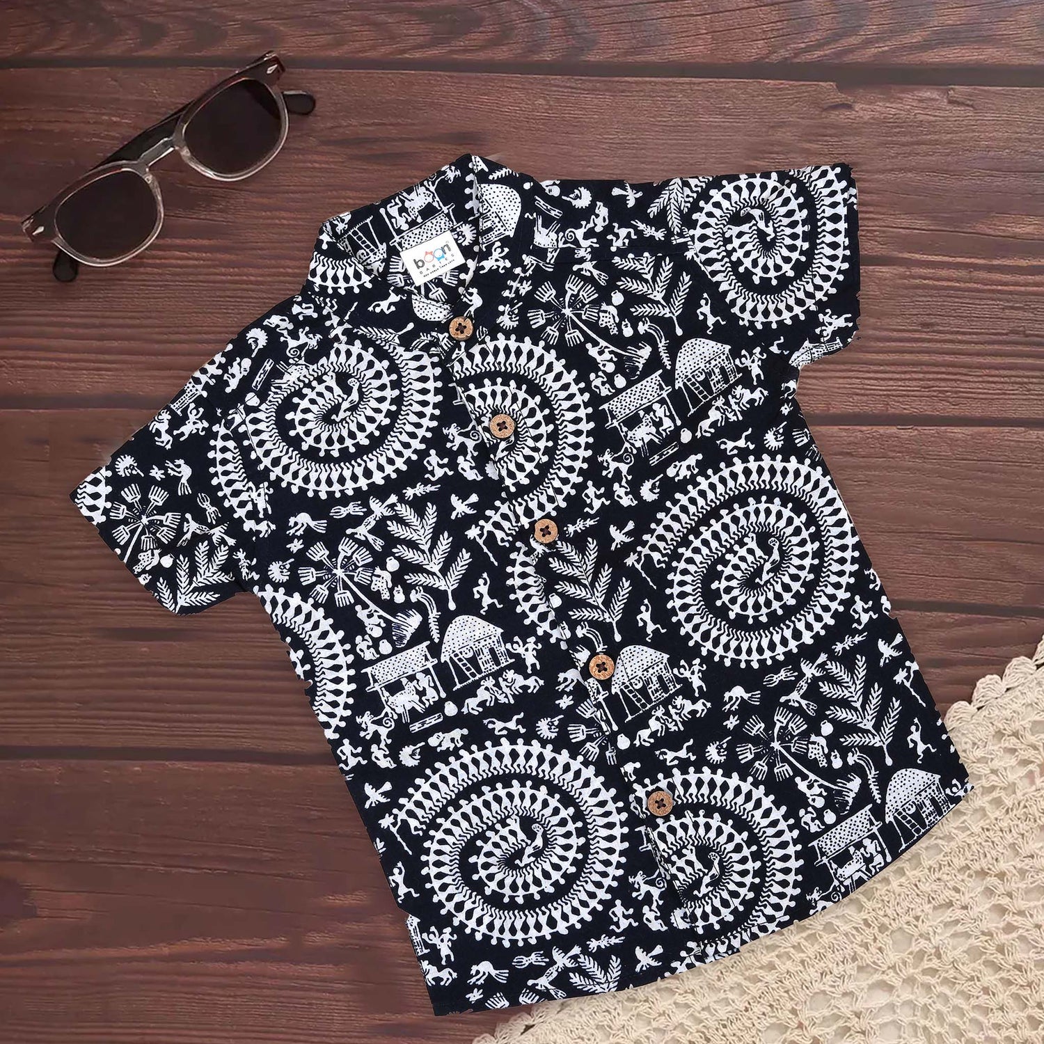 Warli Print Cotton Shirt – Chinese Collar for Boys