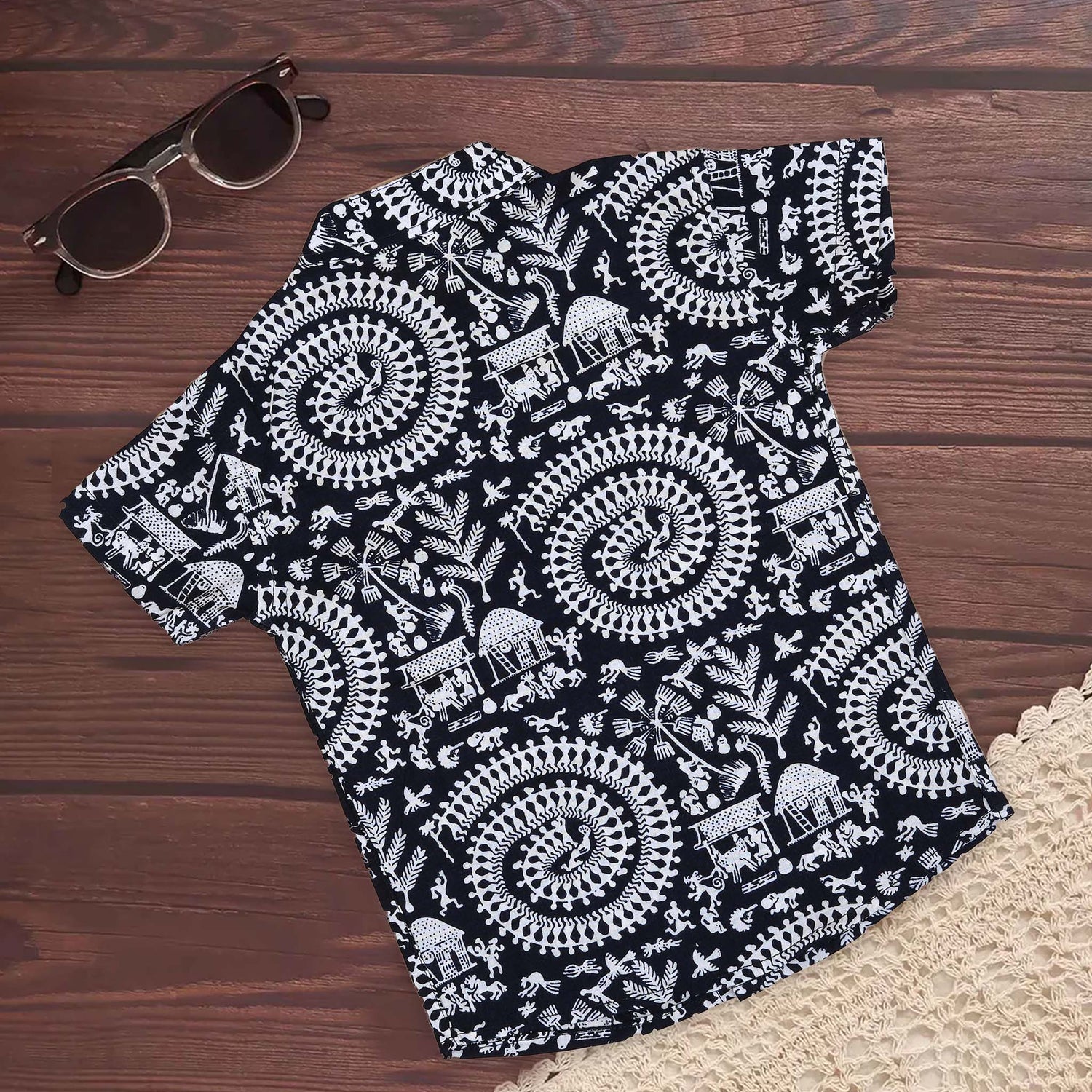 Warli Print Cotton Shirt – Chinese Collar for Boys