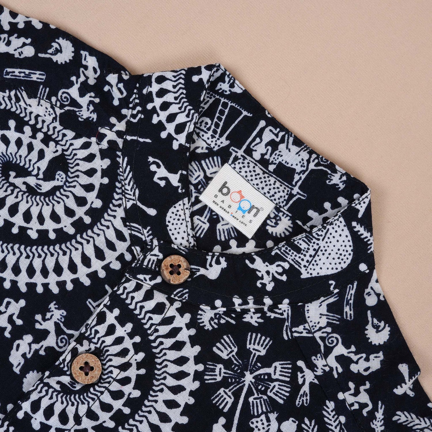 Warli Print Cotton Shirt – Chinese Collar for Boys