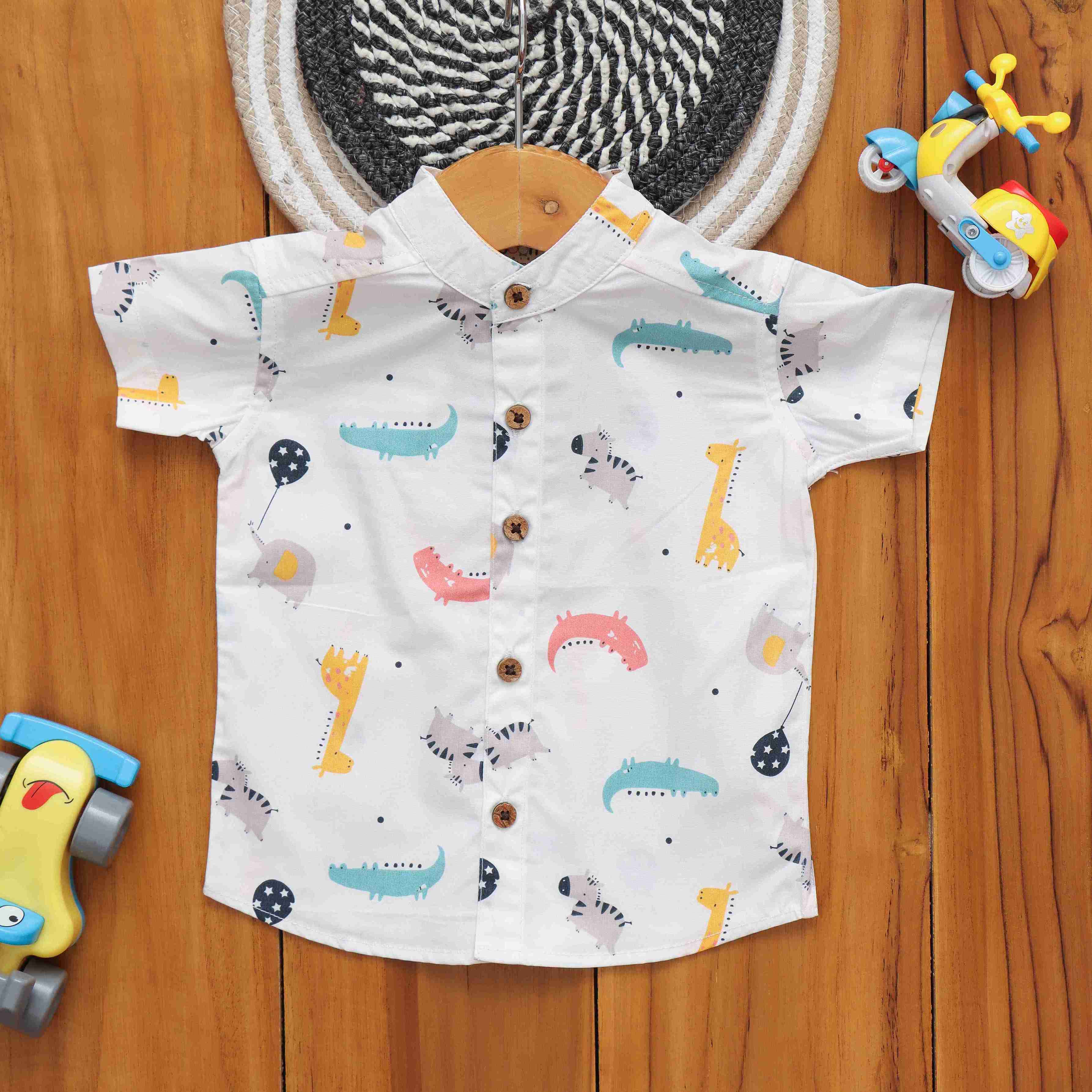 White cotton cartoon animals printed shirt for boys with Chinese collar, casual fashion by Boon Babies for ages 6-12 months.