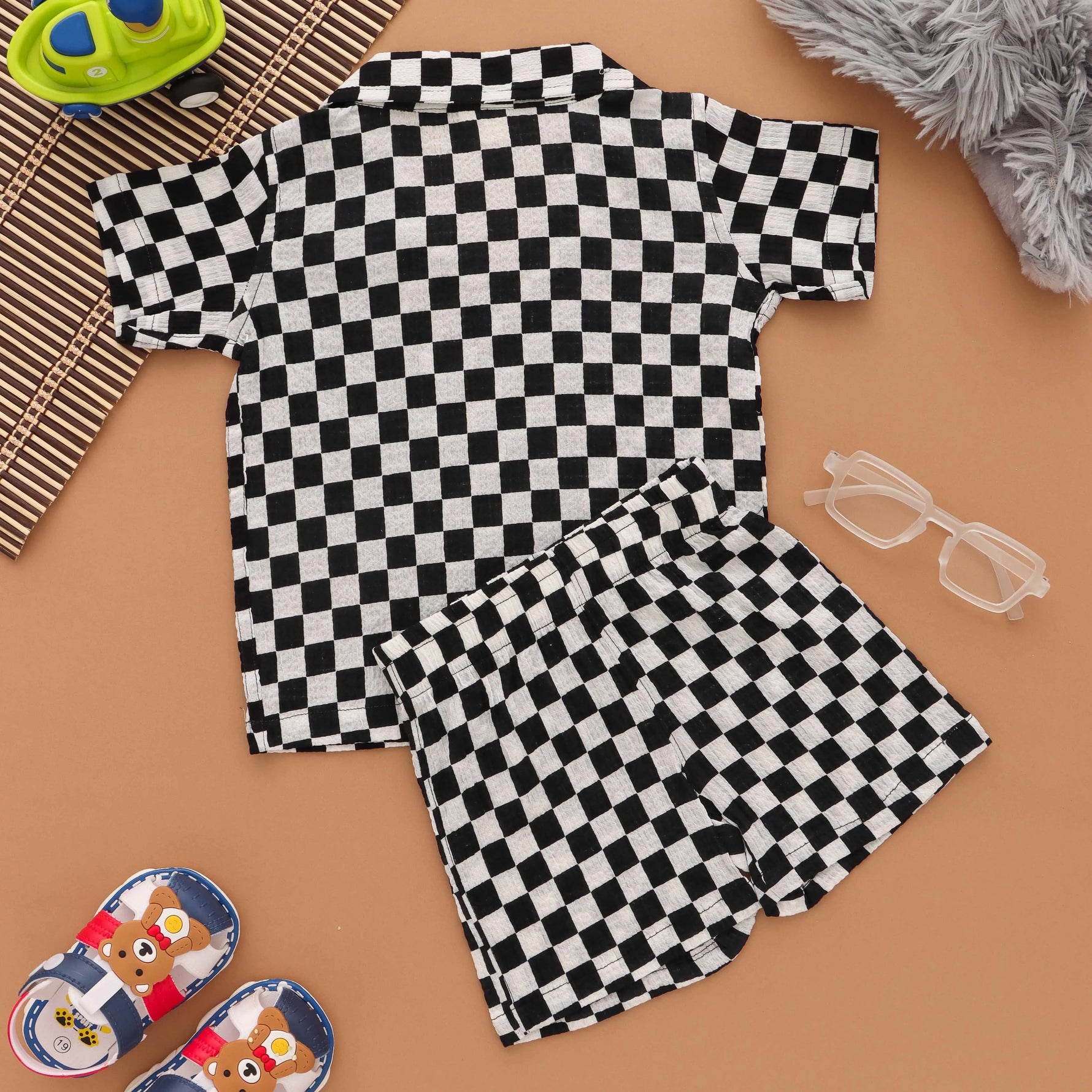 Classic Checks: Boys Open Collar Chessboard Print Shirt and Shorts Boon Babies
