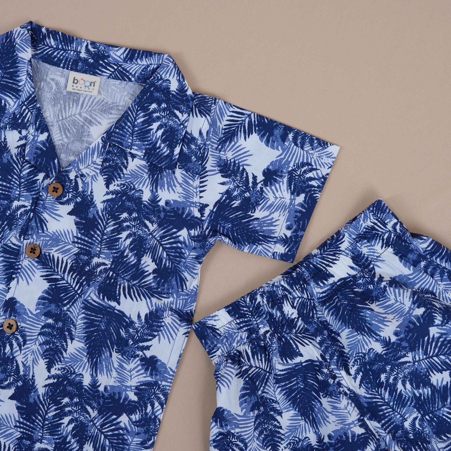 Boys Open Collar Printed Shirt and Shorts Set – Tropical Blue Palm Design
