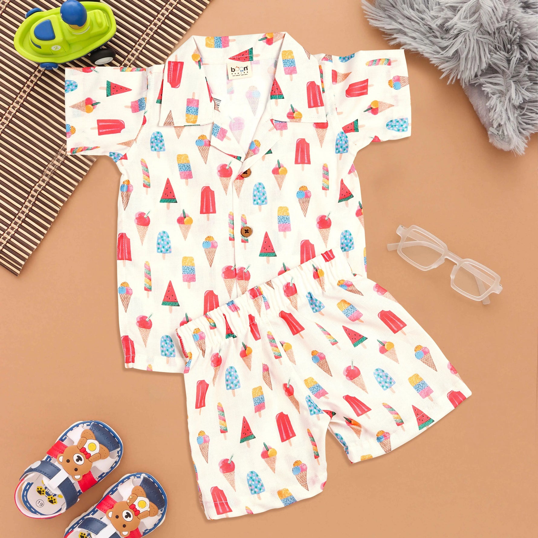 Ice Cream Fun – White Open-Collar Boys Shirt Boon Babies