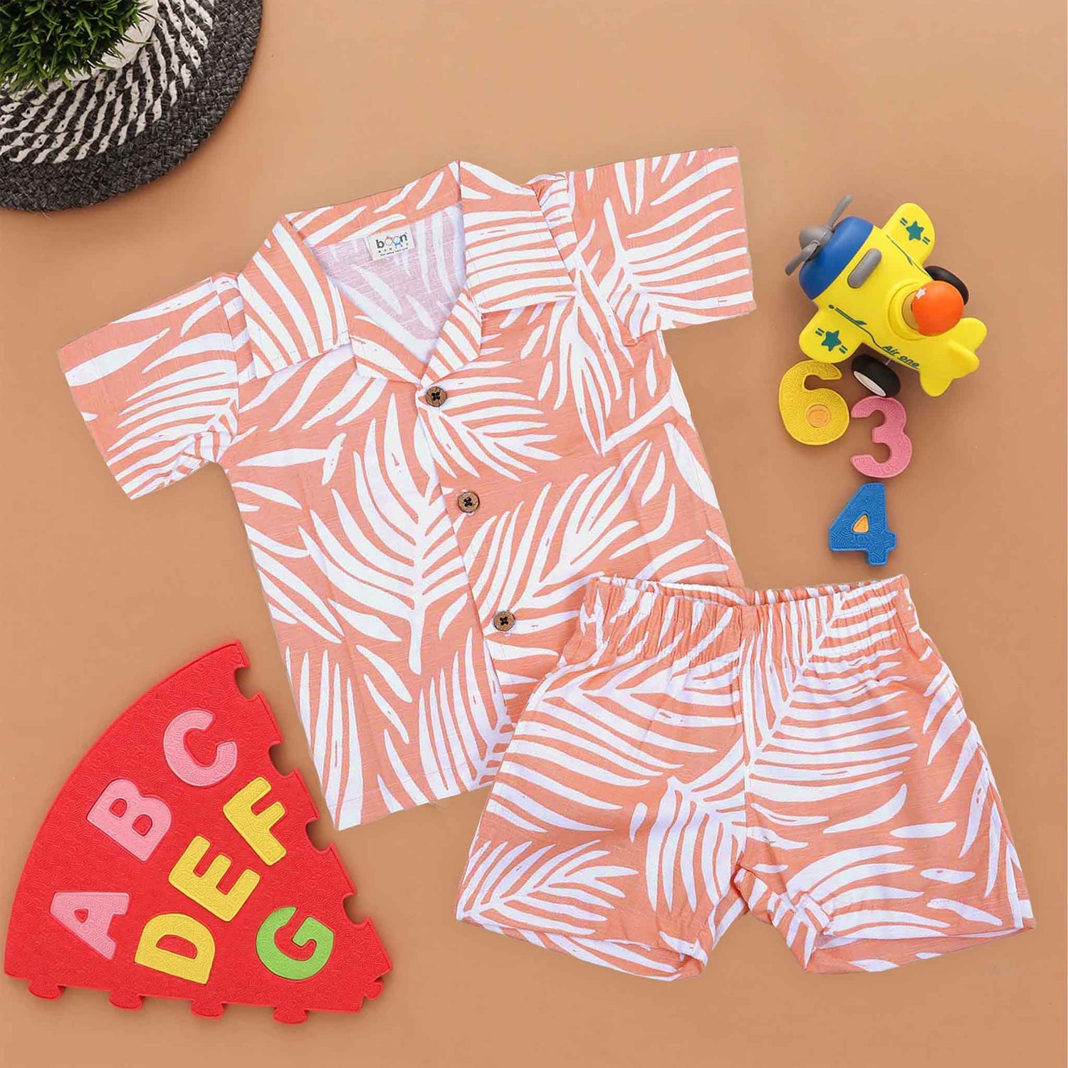 Peach Tropical Leaf Printed Shirt and Shorts Set for Boys – Open Collar Style
