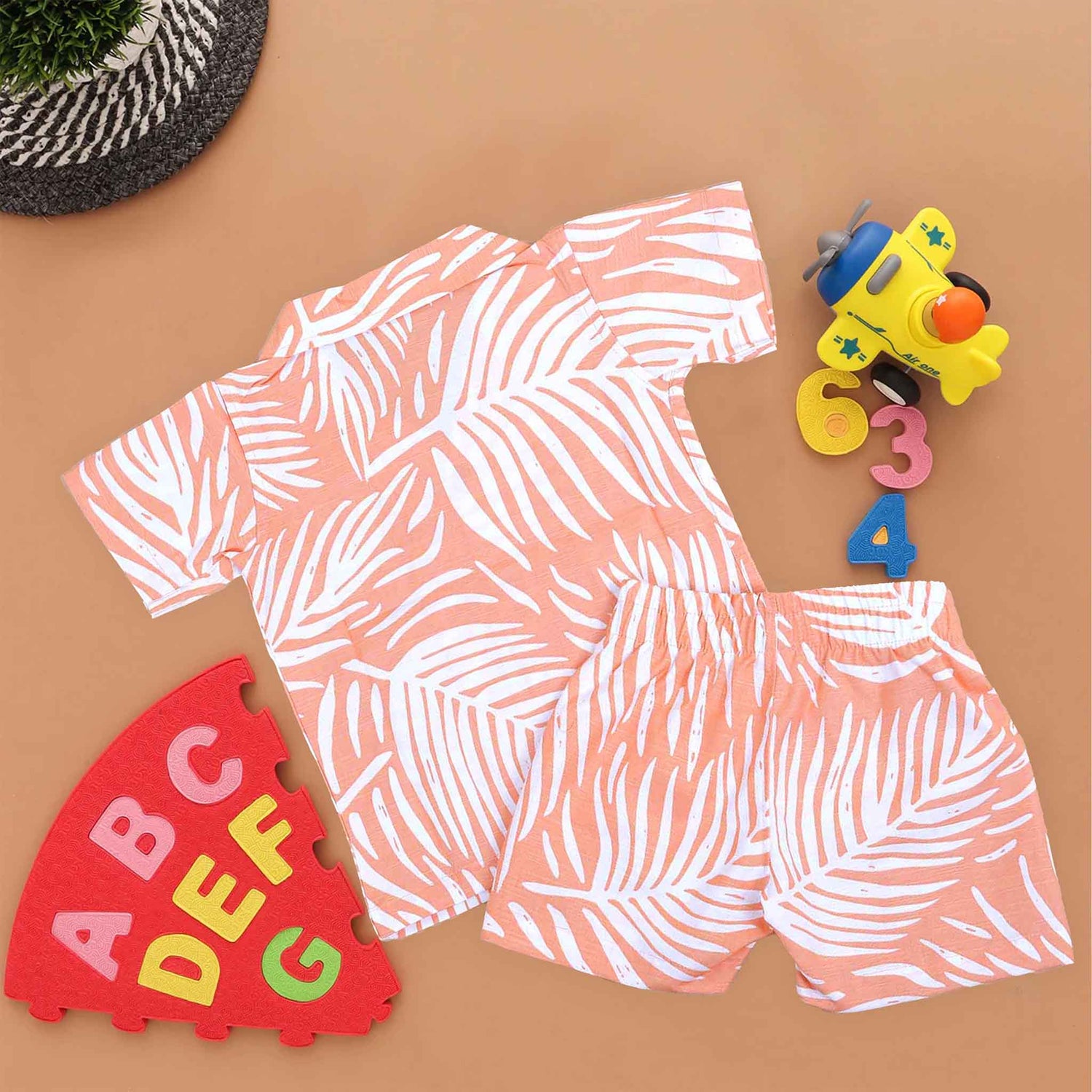 Peach Tropical Leaf Printed Shirt and Shorts Set for Boys – Open Collar Style