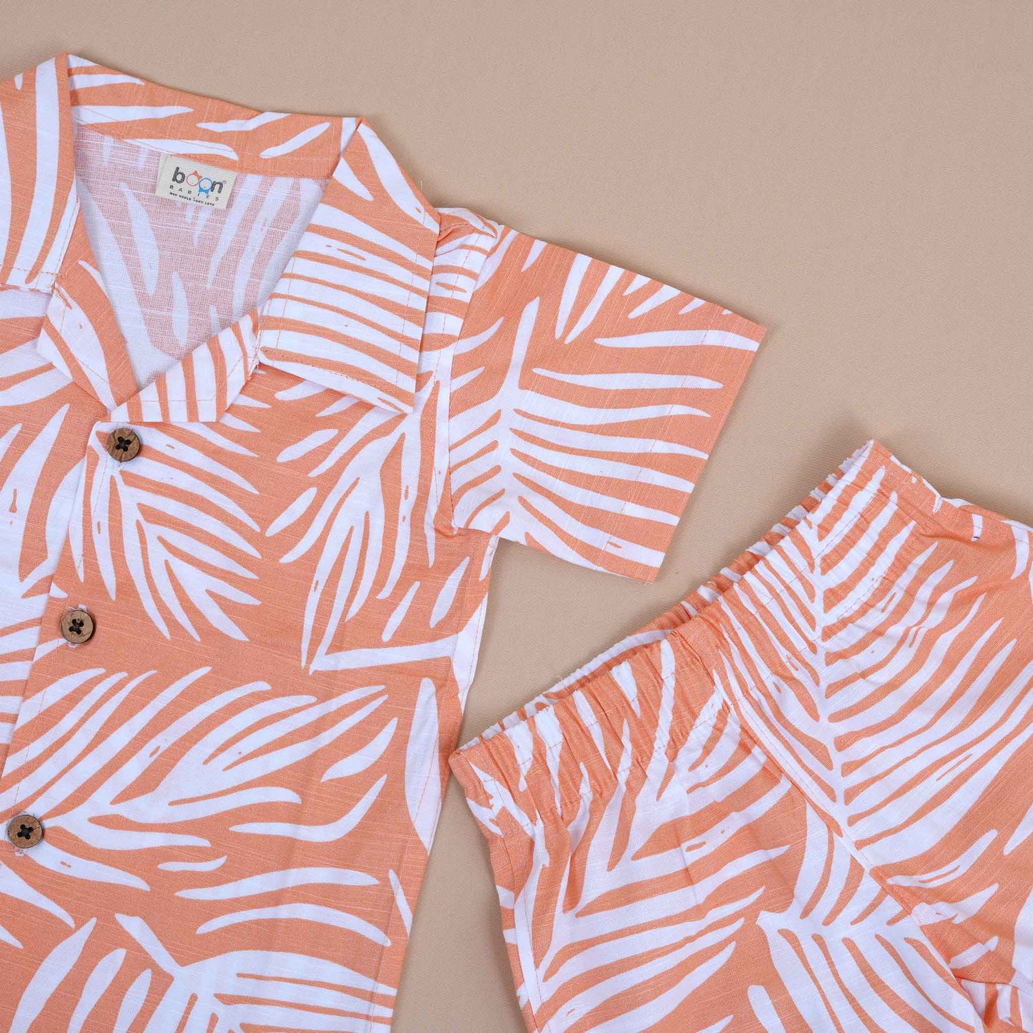 Peach Tropical Leaf Printed Shirt and Shorts Set for Boys – Open Collar Style