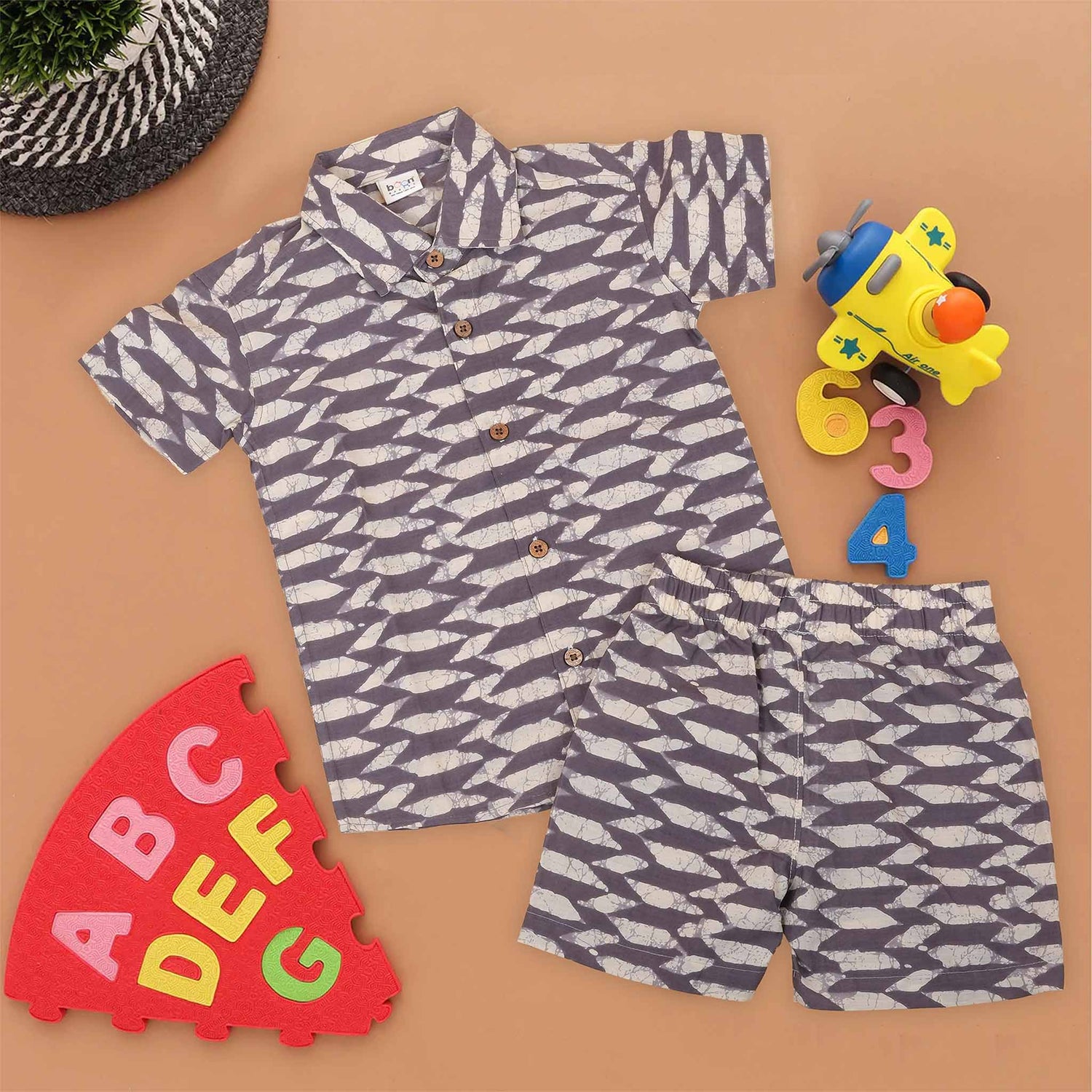 Boys Cotton Shirt and Shorts Set – Abstract Batik Print Combo