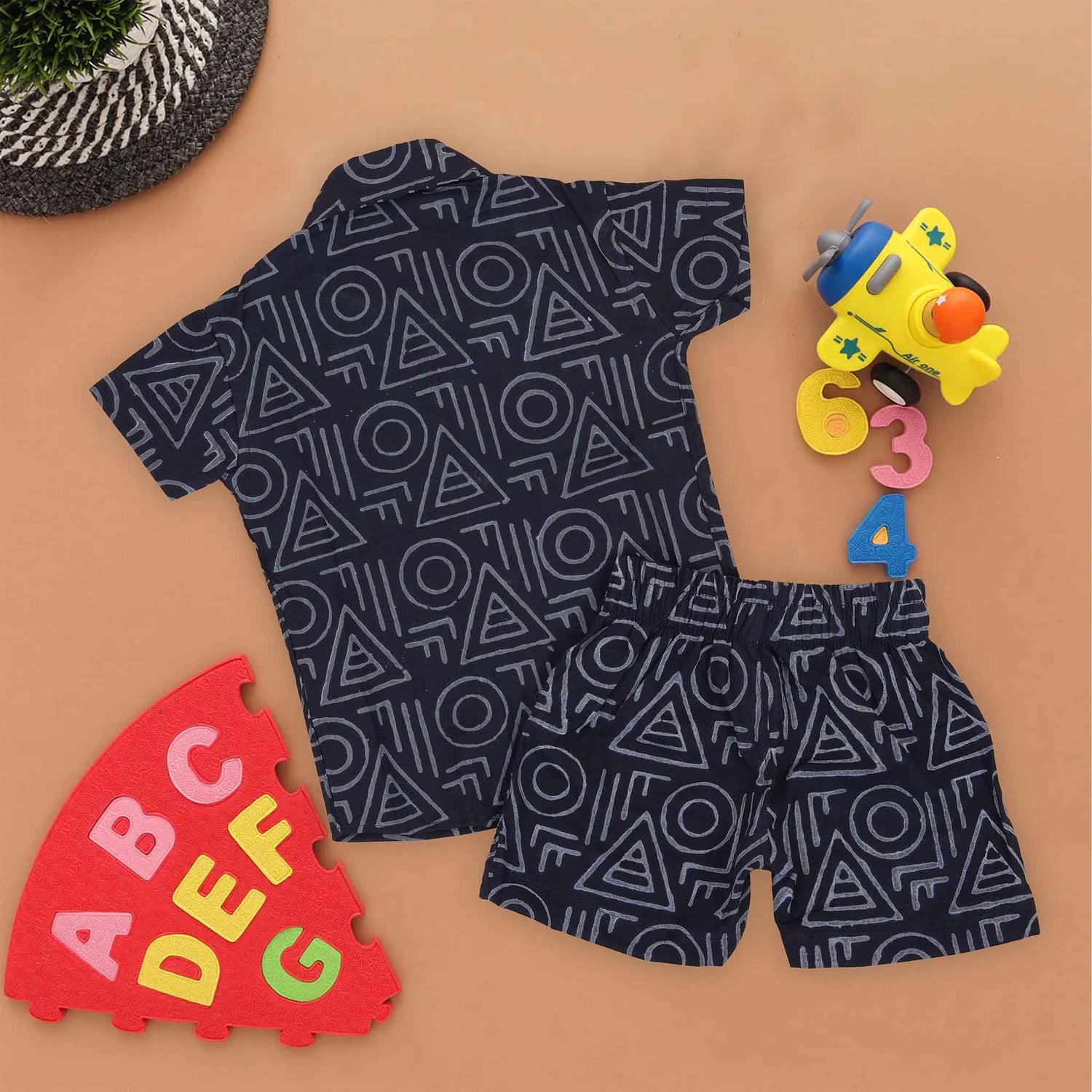 Boys Black Geometric Cotton Shirt and Shorts Set