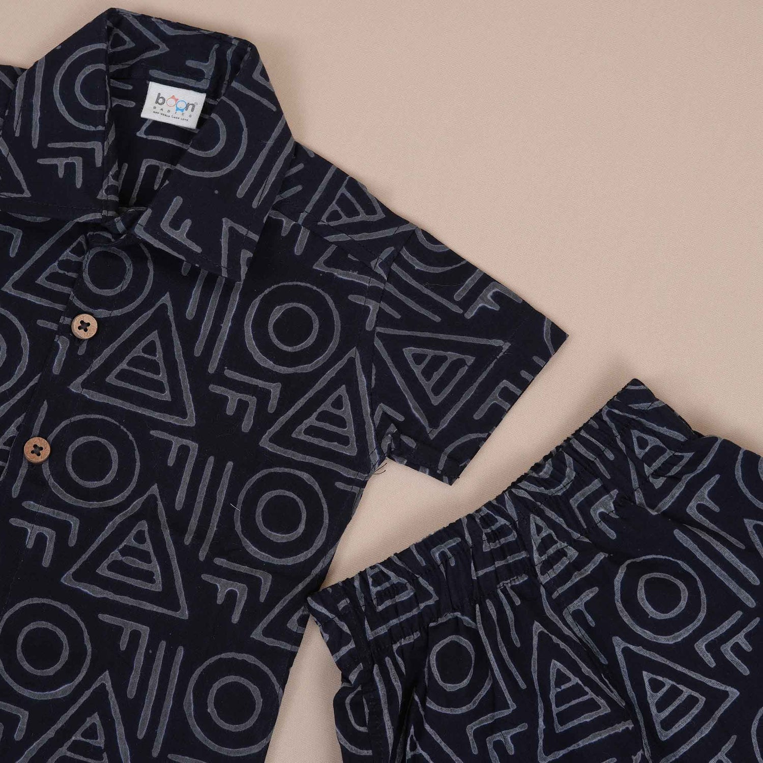 Boys Black Geometric Cotton Shirt and Shorts Set