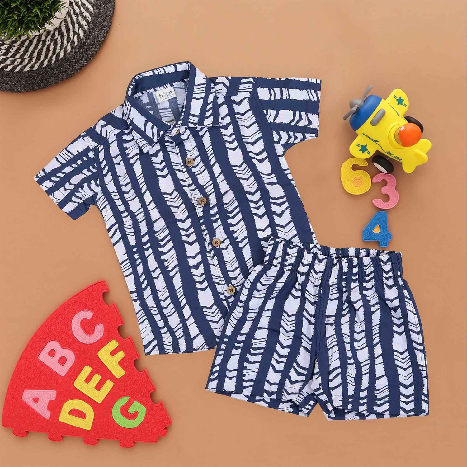 Blue Wave Pattern Cotton Shirt and Shorts Set for Boys