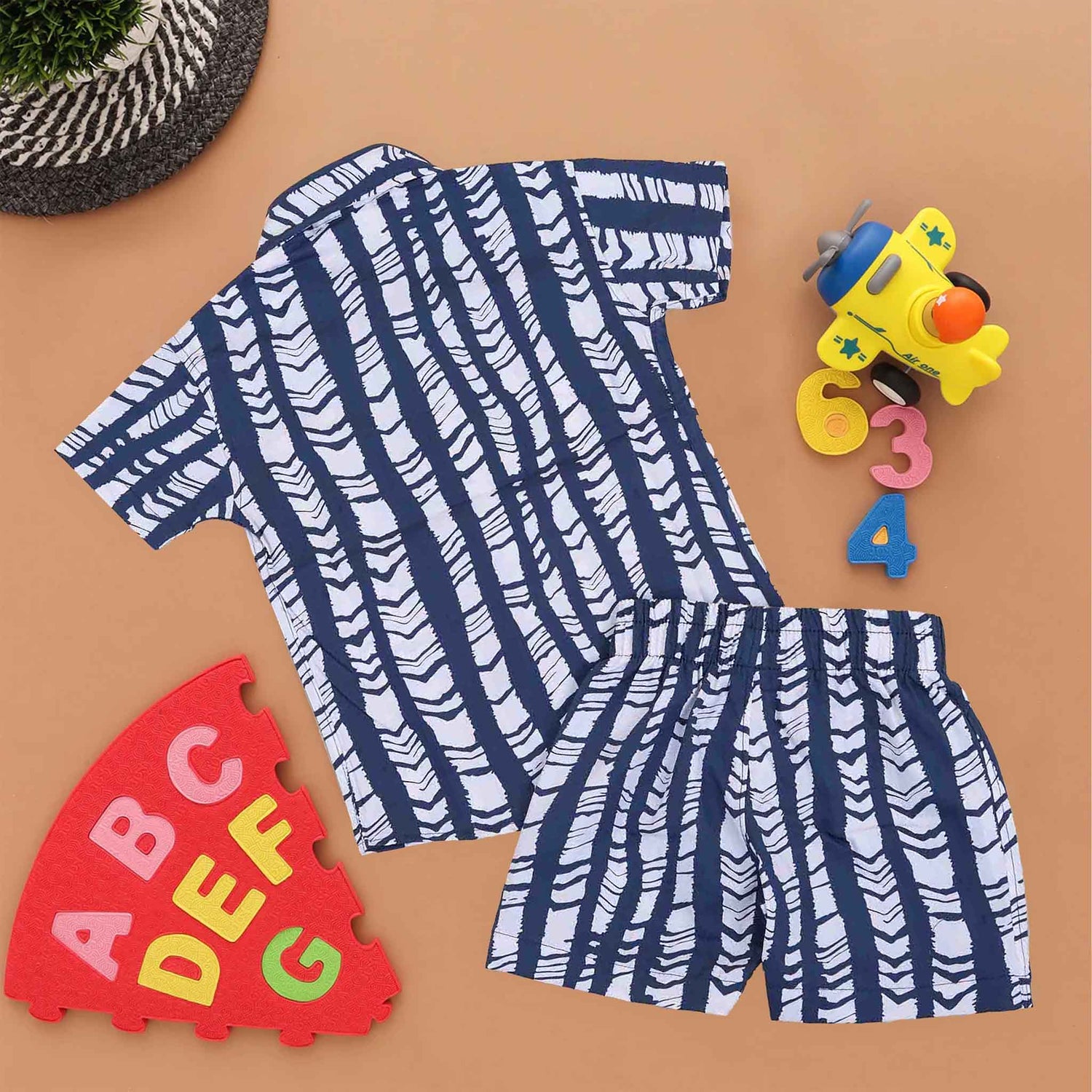 Blue Wave Pattern Cotton Shirt and Shorts Set for Boys
