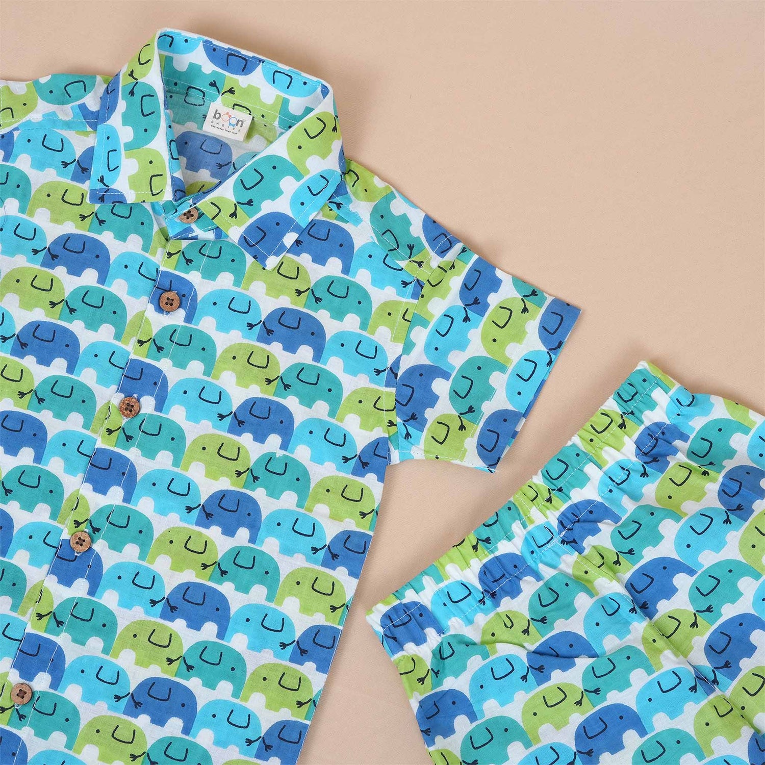 Playful Elephant Print Boys' Cotton Shirt & Shorts Set – Cool & Comfy