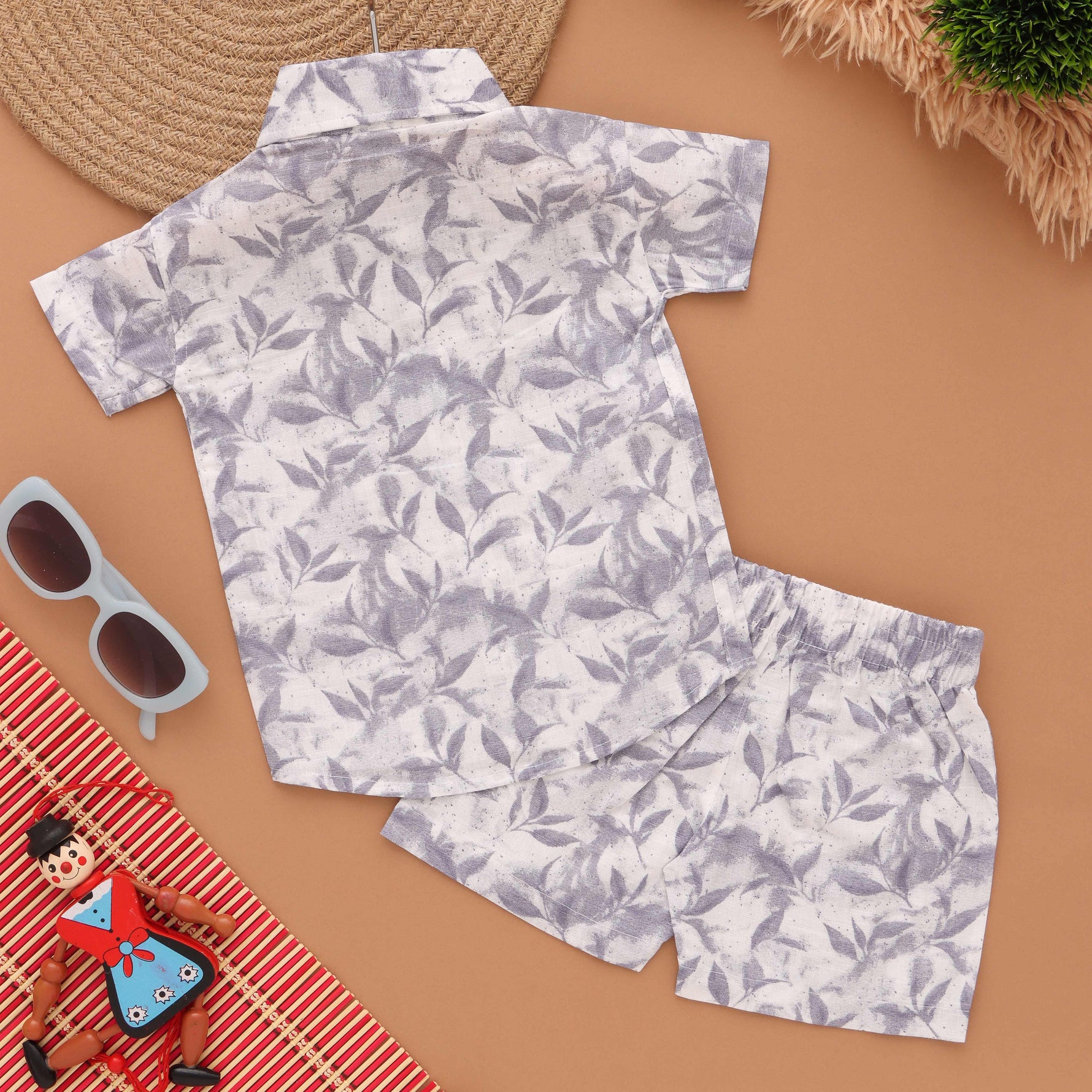Leafy Whimsy: Cute Leaf Printed Boys' Shirt and Shorts Boon Babies