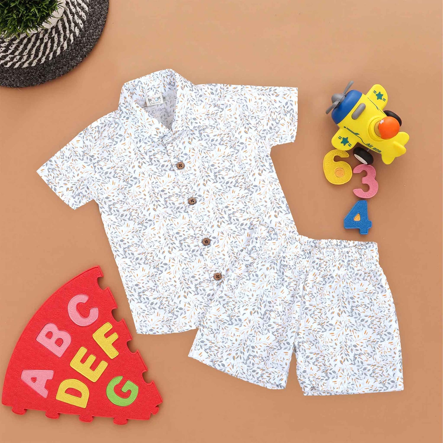 Boys White Leafy Print Cotton Shirt and Shorts Set
