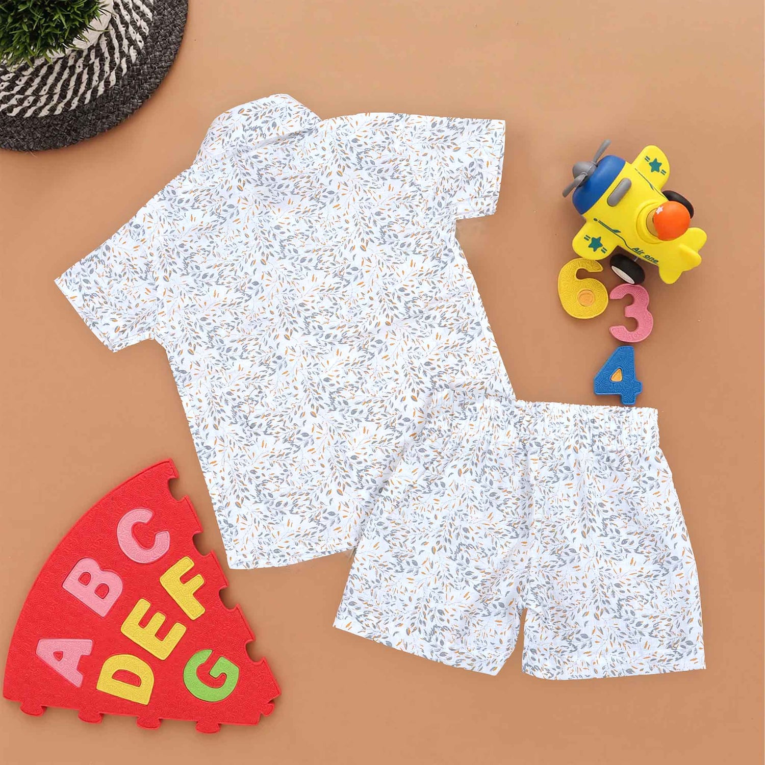 Boys White Leafy Print Cotton Shirt and Shorts Set