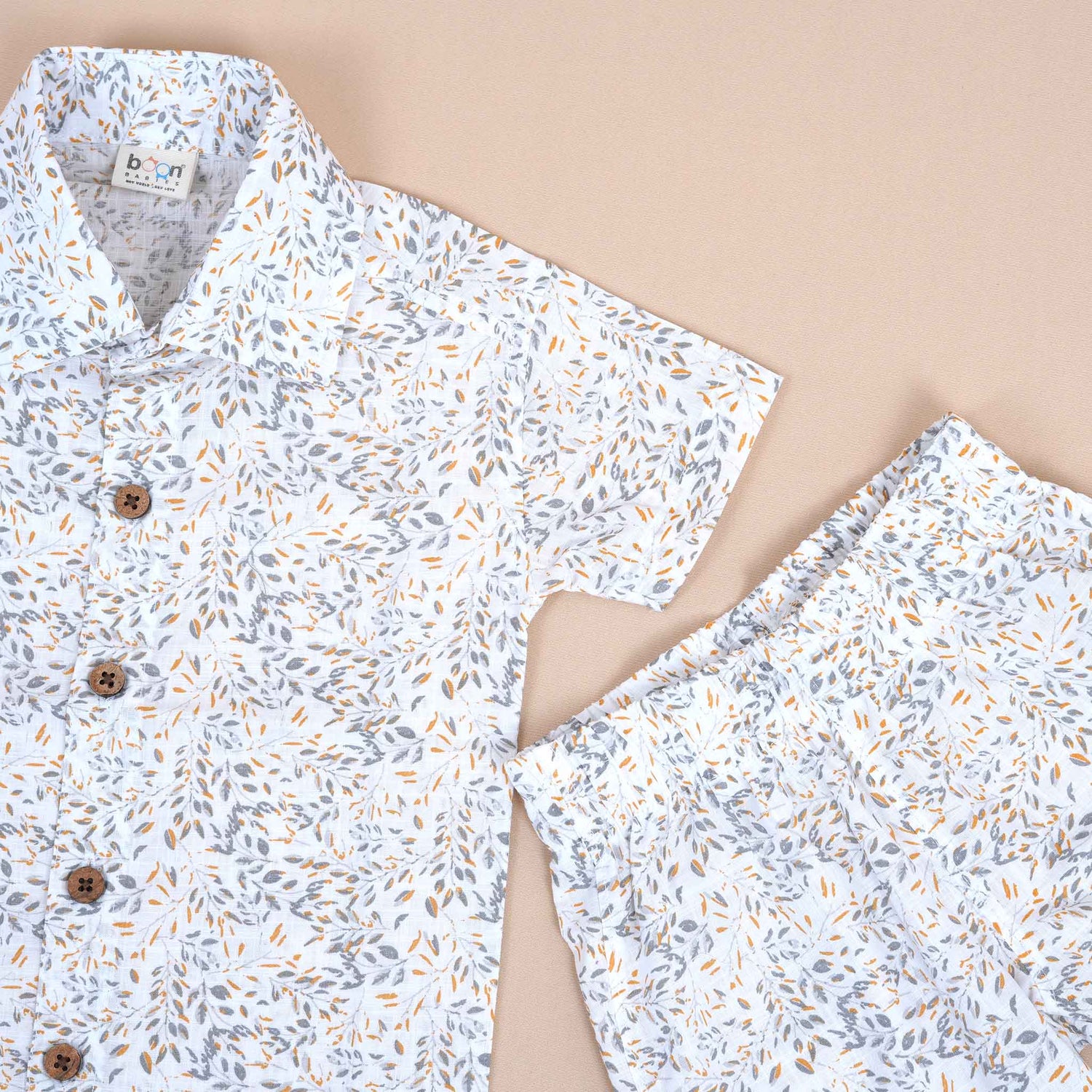 Boys White Leafy Print Cotton Shirt and Shorts Set