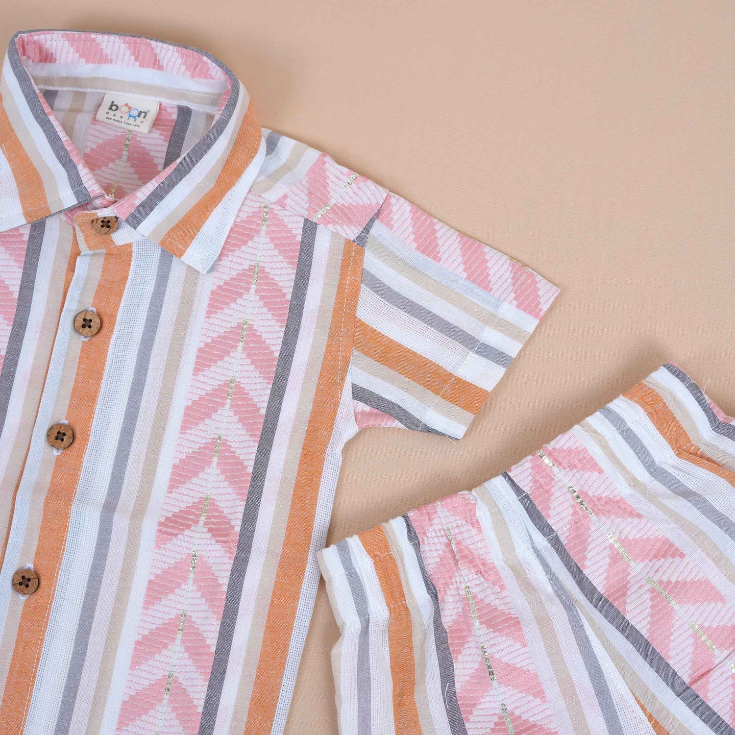 Boys Cotton Shirt & Shorts – White with Leaf Sprinkles