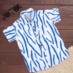 Boys cotton printed shirt by Boon Babies with blue and white wavy stripes, straight collar, suitable for ages 6-12 months.