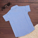 Blue cotton boys' shirt with brushstroke pattern and straight collar, by Boon Babies, featuring a printed design for toddlers.