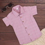 Mauve textured boys' printed shirt with zig-zag chevron weave, straight collar, cotton poplin, by Boon Babies for ages 6-12 months.