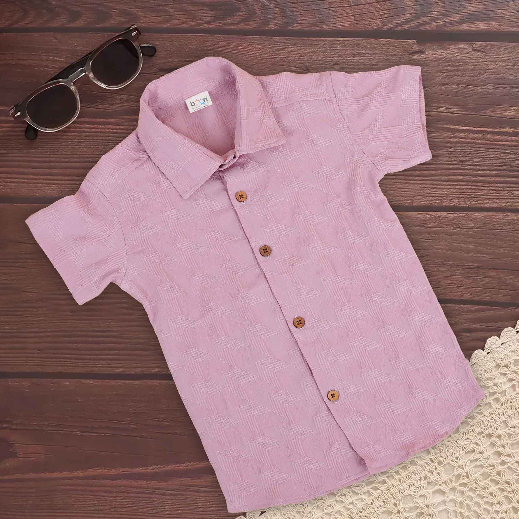Mauve textured boys' printed shirt with zig-zag chevron weave, straight collar, cotton poplin, by Boon Babies for ages 6-12 months.
