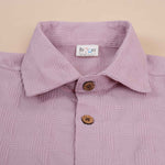 Mauve textured boys' printed shirt with zig-zag chevron weave and straight collar, made by Boon Babies.