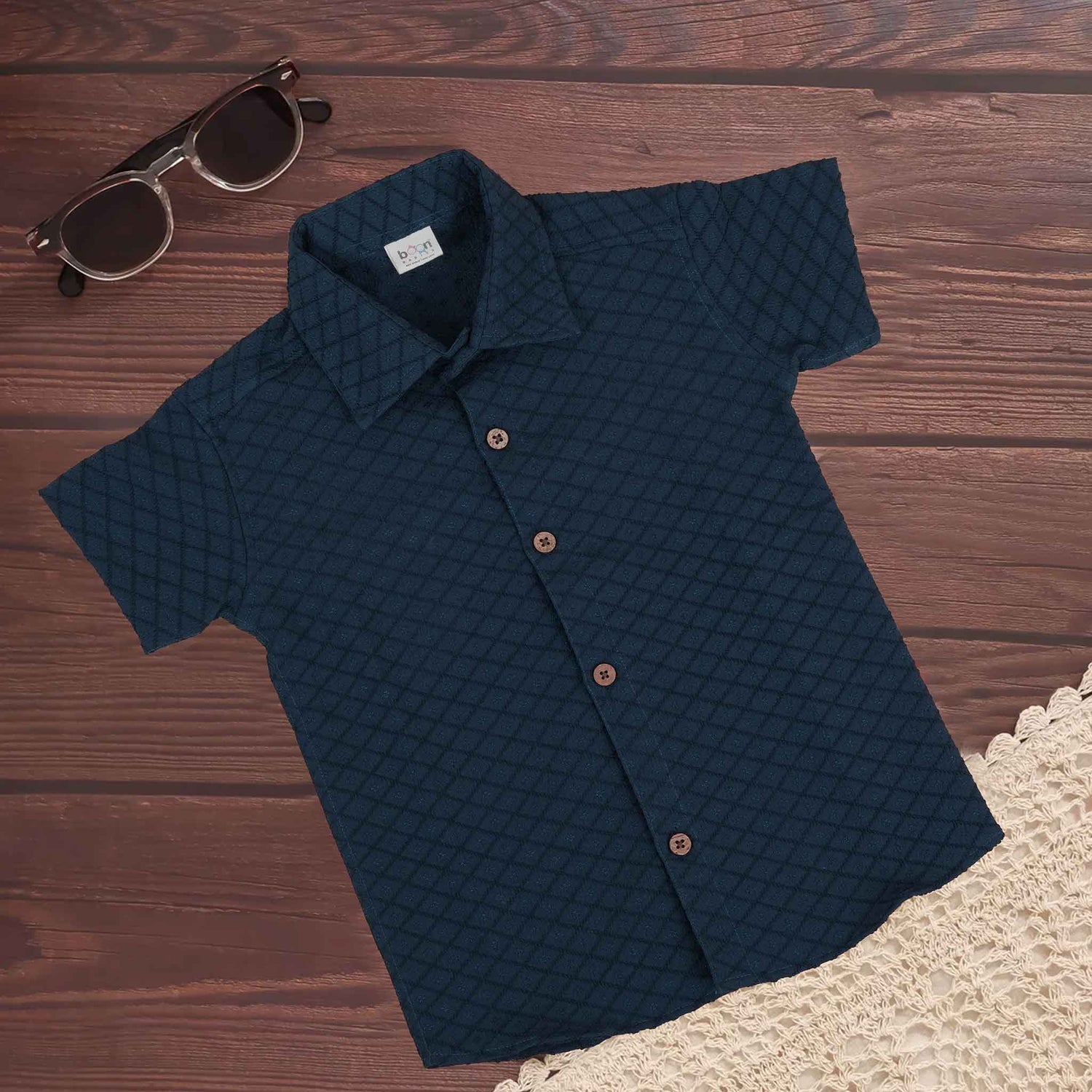 Boys Cotton Shirt – Dark Navy Blue Floral Jaal Design
