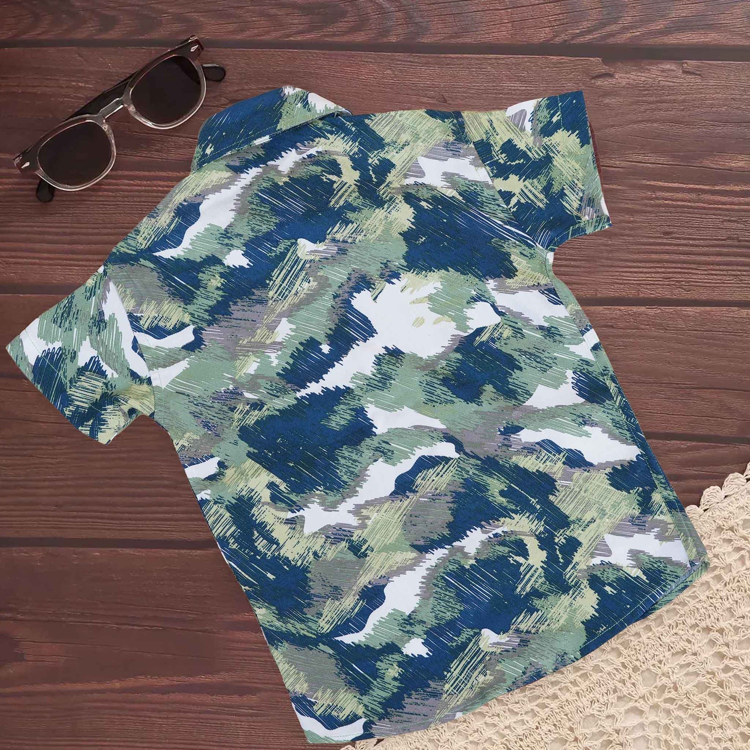 Boys Cotton Printed Shirt – Green & Blue Camouflage Brush