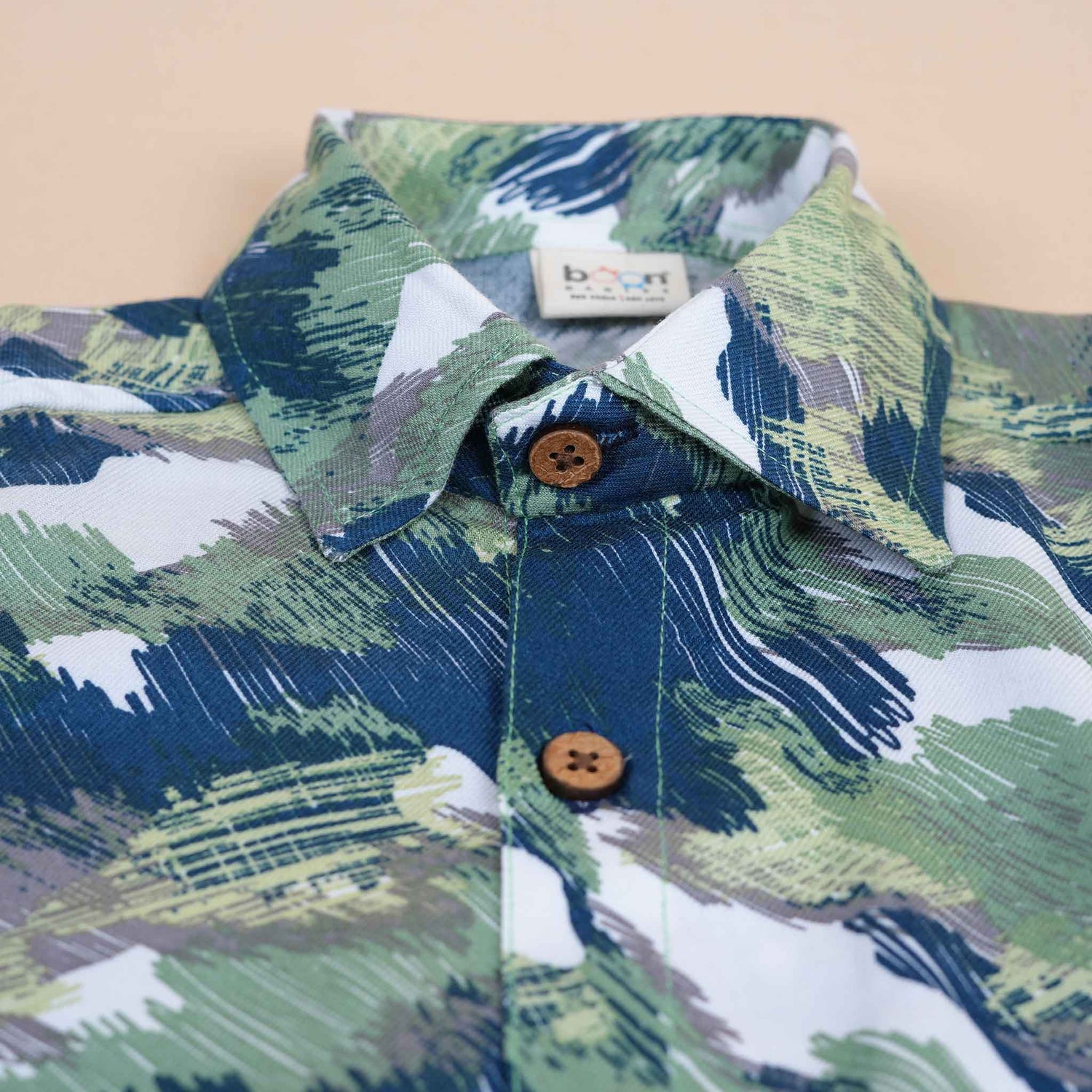 Boys Cotton Printed Shirt – Green & Blue Camouflage Brush