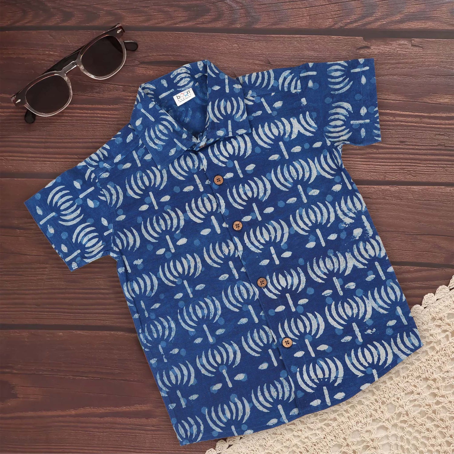 Boys Cotton Printed Shirt – Indigo Blue Abstract Motif
