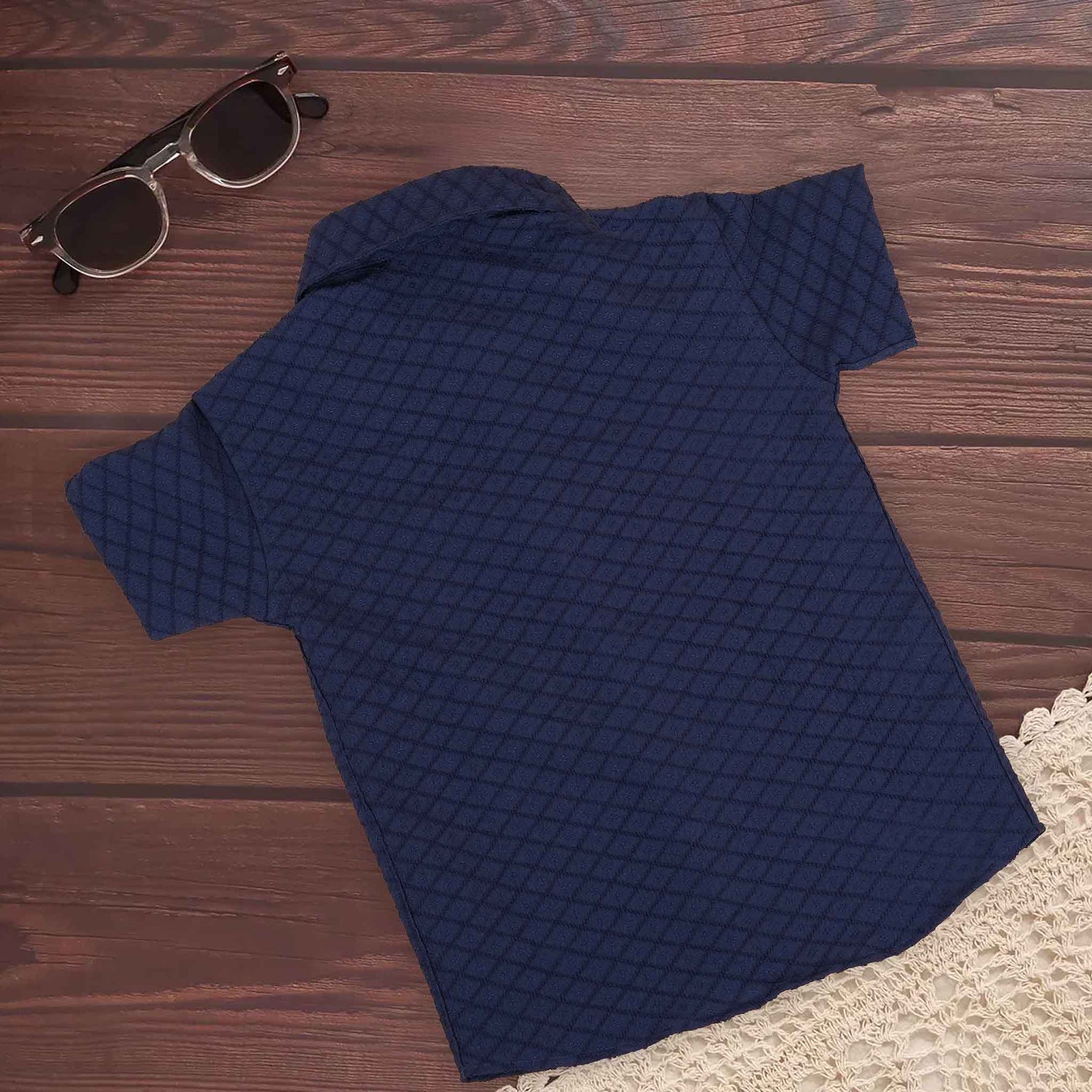 Navy diamond check printed boys' shirt with straight collar by Boon Babies, made of cotton poplin, suitable for 6-12 months.