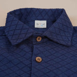 Navy diamond check printed boys' shirt with straight collar, cotton fabric, by Boon Babies, suitable for 6-12 months.