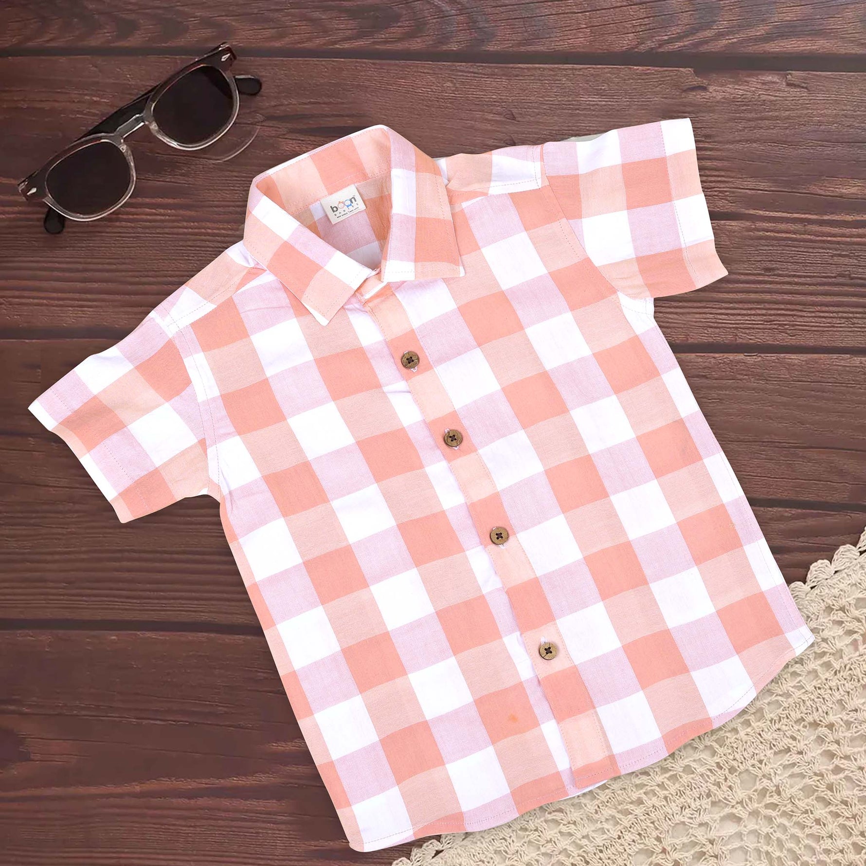 Peach Gingham Cotton Shirt by Boon Babies featuring a straight collar and printed design for infants aged 6-12 months.