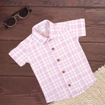 Pink plaid cotton shirt with straight collar for babies, featuring printed design and comfortable fit, by Boon Babies.