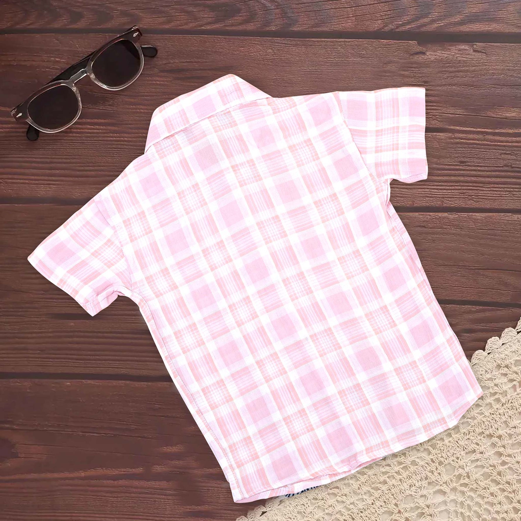 Pink plaid cotton shirt for babies by Boon Babies with a straight collar, featuring a printed design for 6-12 months.