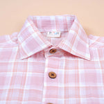 Pink plaid cotton shirt with straight collar for babies by Boon Babies, featuring a classic printed design and comfortable fit.