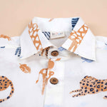 Boys cotton shirt with jungle animal safari print from Boon Babies, straight collar, white cotton fabric, suitable for 6-12 months.