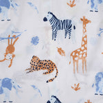 Boy's cotton shirt with jungle animal safari print, straight collar, breathable white fabric, by Boon Babies for ages 6-12 months.