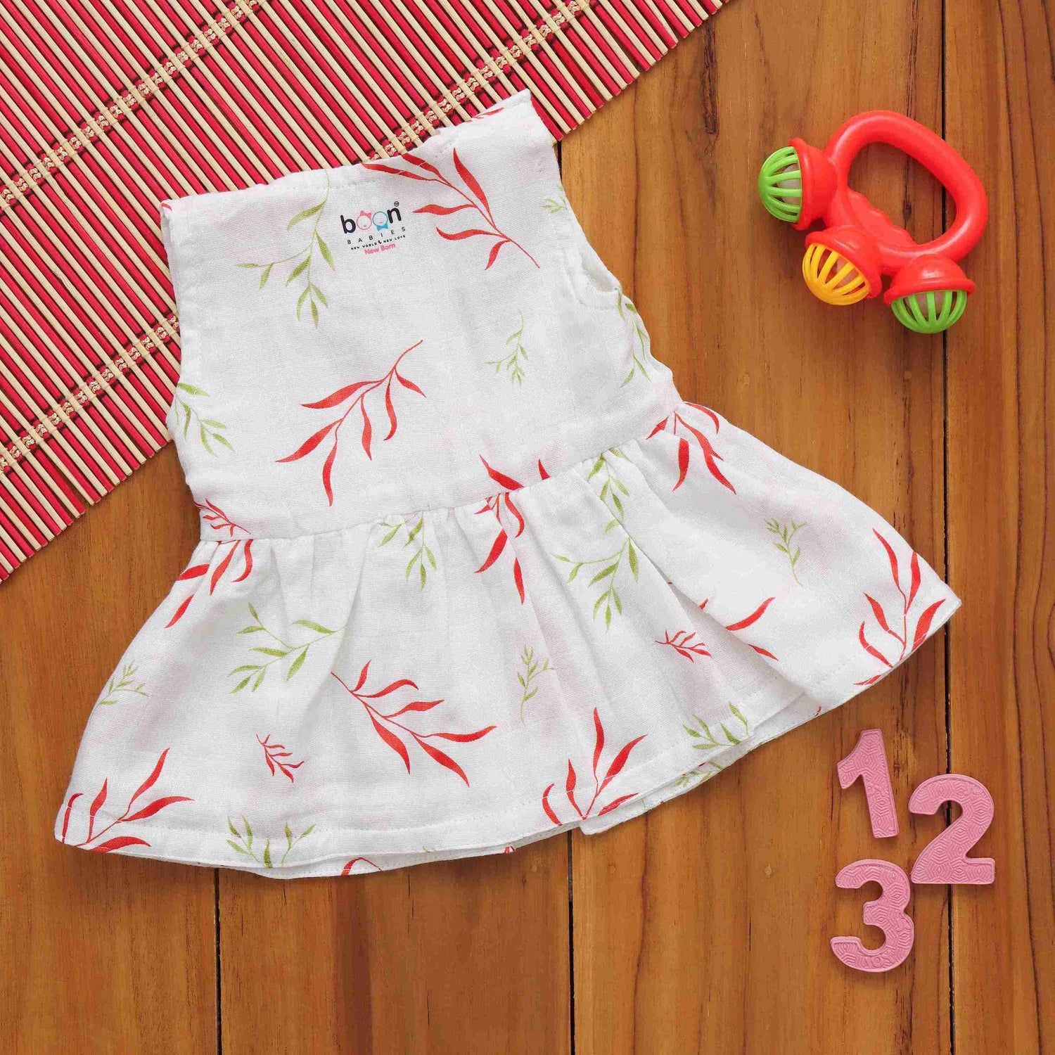 Enchanting Leaf Printed Frilled Frock for Babies - Nature's Delight Boon Babies