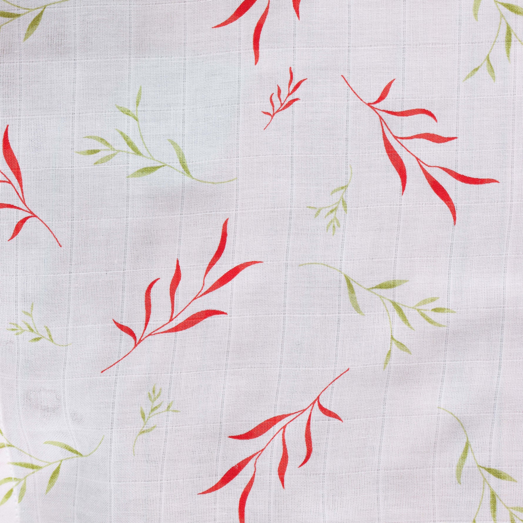 Soft muslin baby towel with red & green leaf print. 70x70 cm. Gentle on skin, perfect for newborn care.