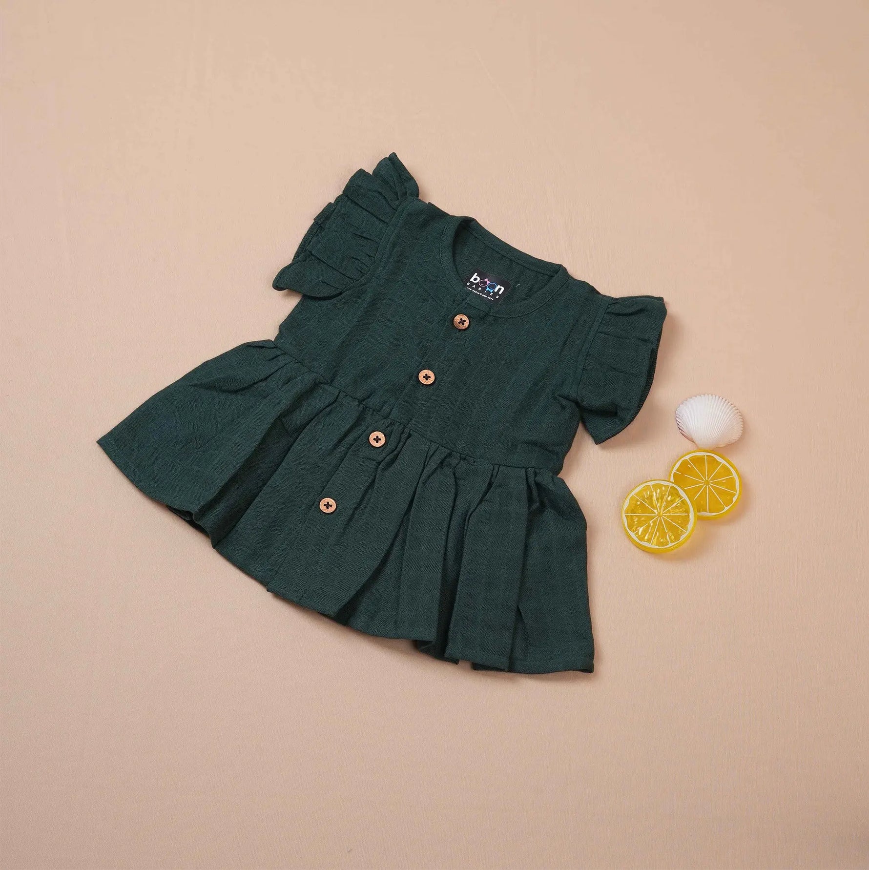 Dark Green Muslin Baby Frock with Wooden Buttons – Soft & Stylish Boon Babies