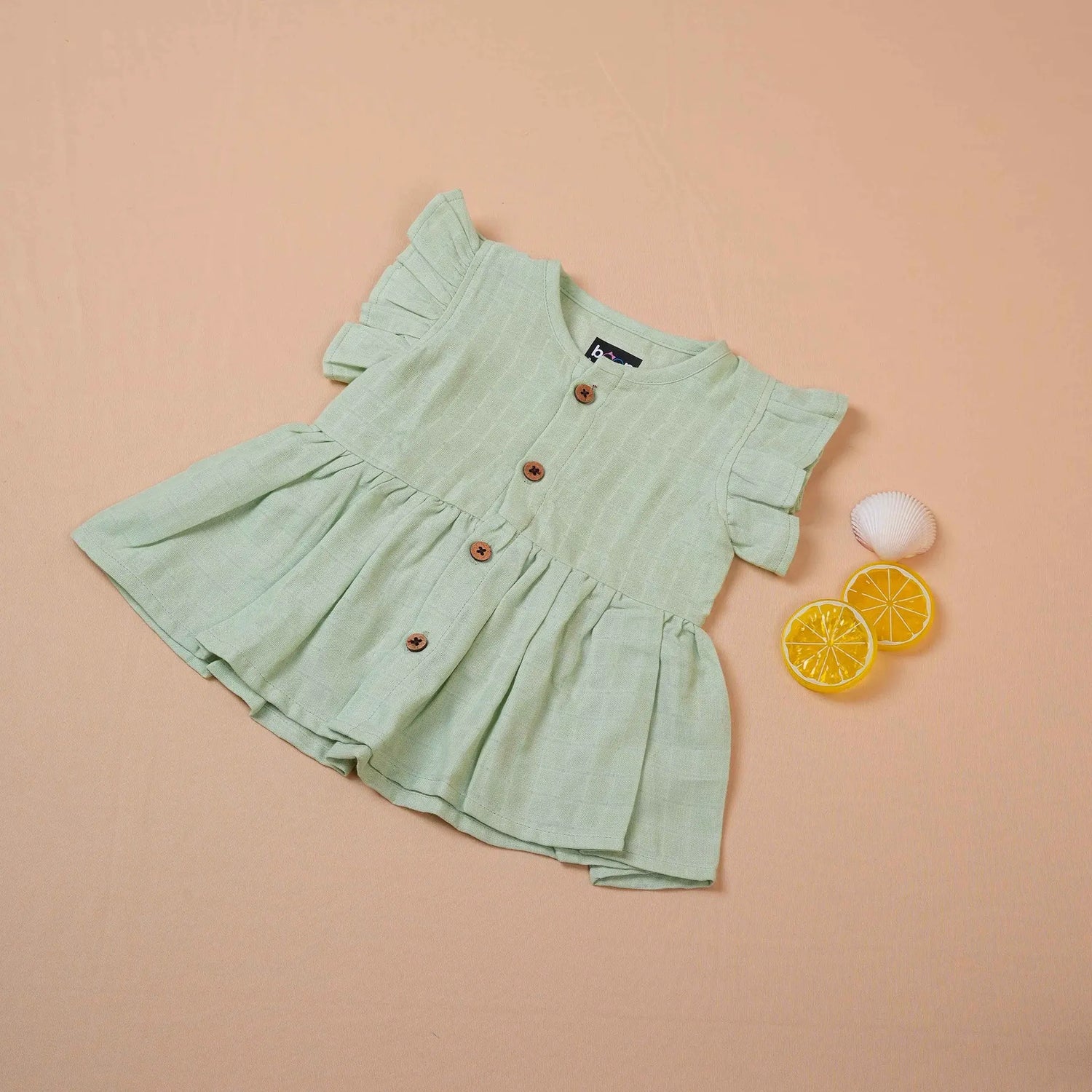 Green Muslin Frock with Wooden Buttons – Soft & Organic for Babies Boon Babies