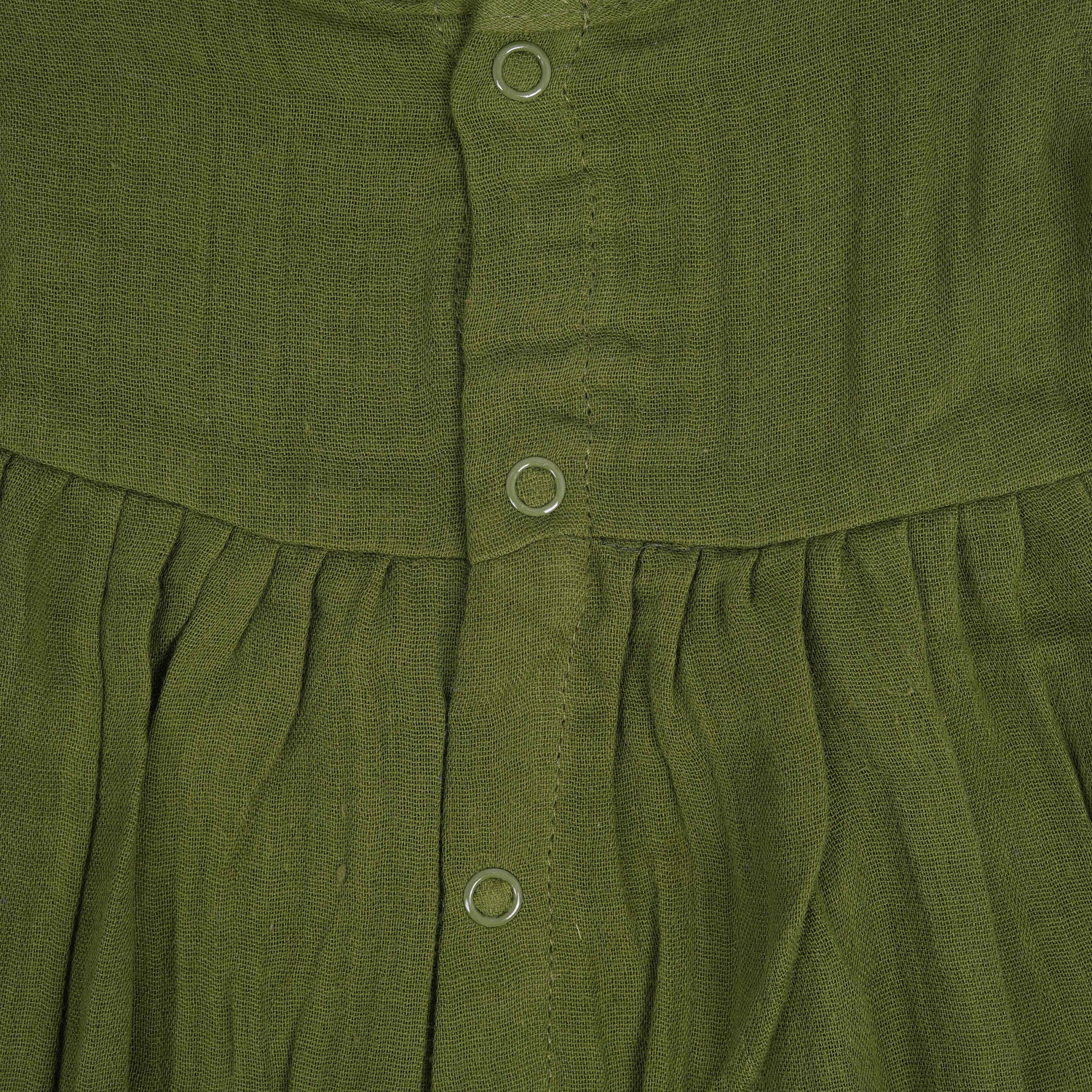 Olive Green Crinkled Muslin Baby Frock – Soft, Breezy & Adorable