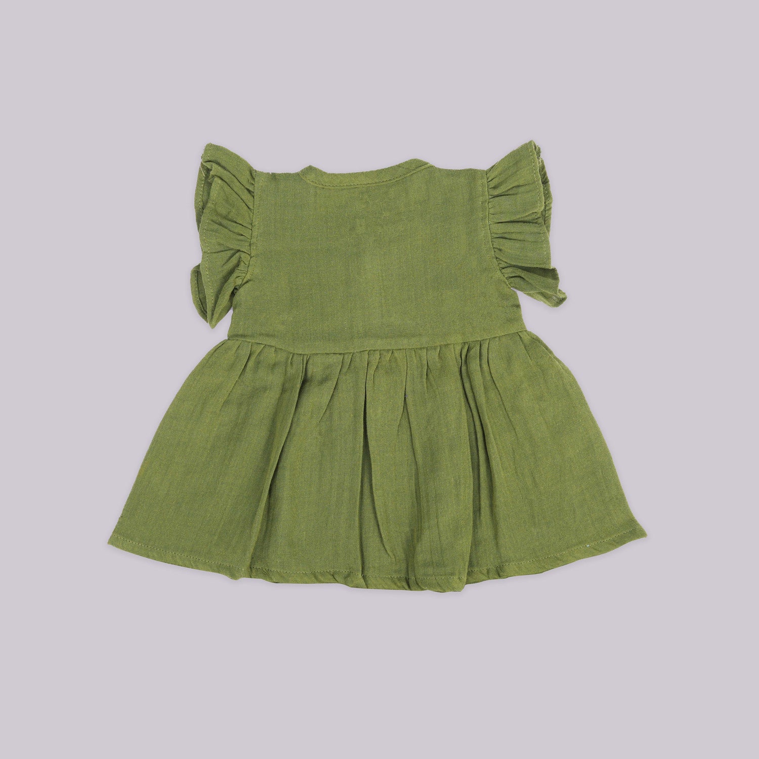 Olive Green Crinkled Muslin Baby Frock – Soft, Breezy & Adorable