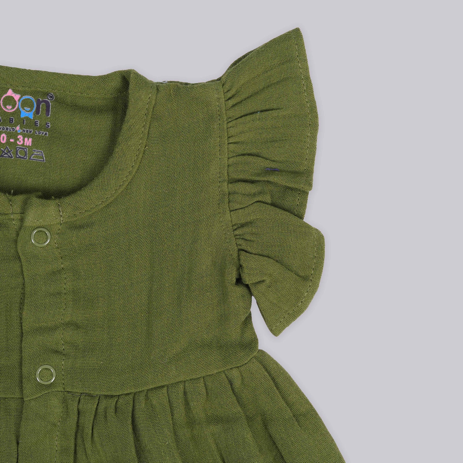 Olive Green Crinkled Muslin Baby Frock – Soft, Breezy & Adorable