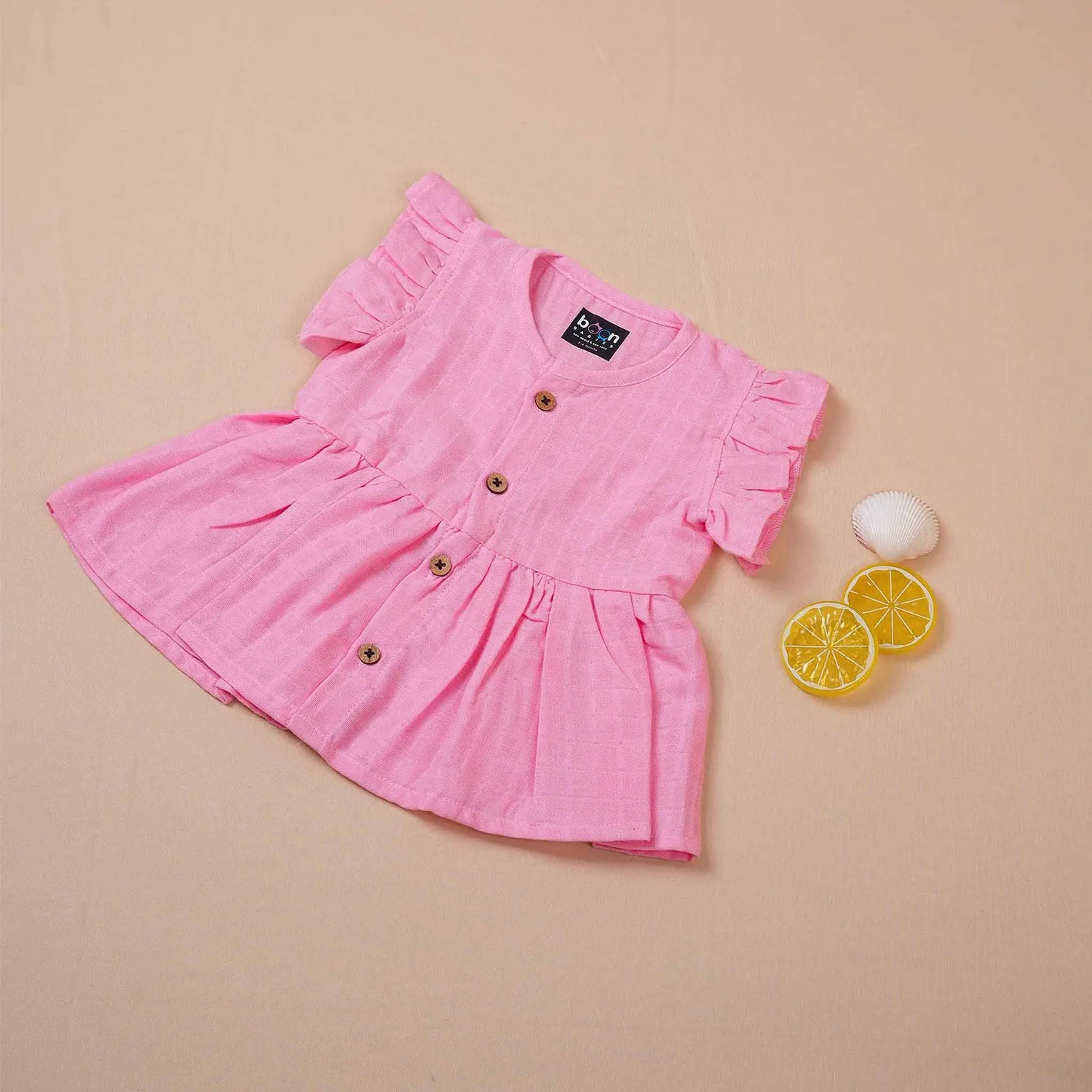 Pink Muslin Baby Frock – Soft & Breathable with Wooden Buttons Boon Babies